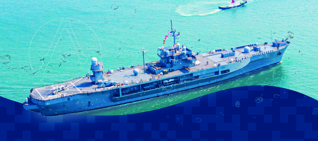 Naval ship at sea with water droplets and Advanced Conversion Technology branding