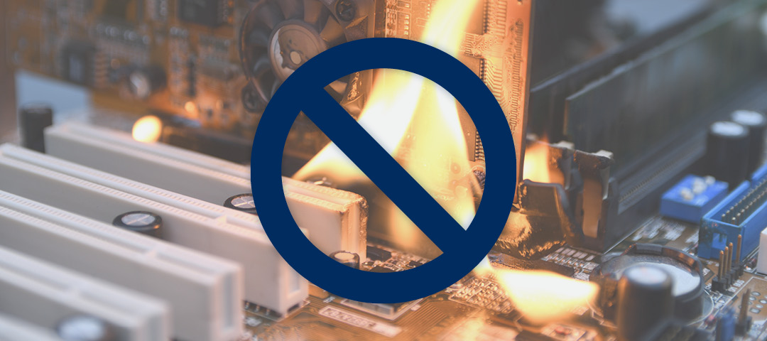 Image of circuit board on fire to depict a creepage and clearance arc with the "no" symbol on top of it